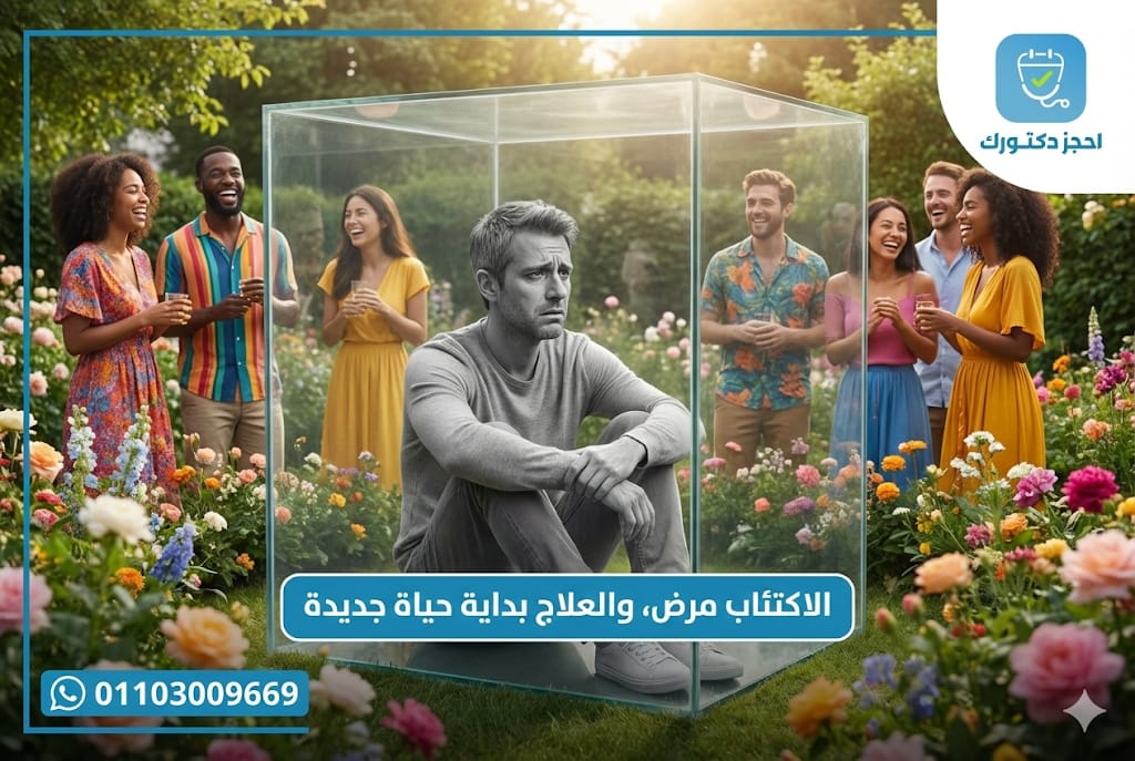 رجل يبدو حزينًا يجلس داخل صندوق زجاجي شفاف في حديقة مليئة بالزهور، بينما يقف حوله أشخاص يضحكون ويتحدثون في أجواء مبهجة، في إشارة إلى شعور مريض الاكتئاب بالعزلة رغم وجوده بين الآخرين